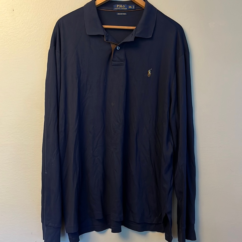 Polo Ralph Lauren mens long sleeve navy polo with brown suede detail xxl